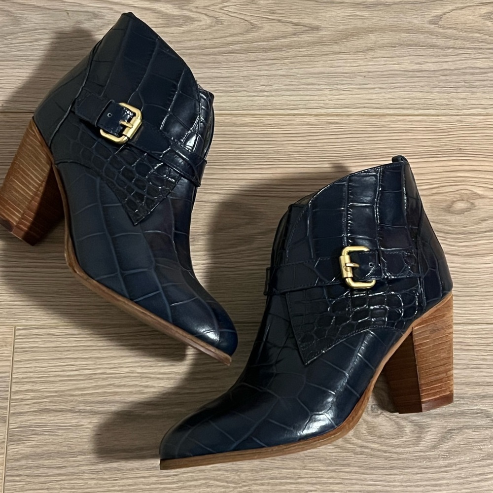 Boden Navy Croc-Embossed Ankle Booties with Gold Buckle